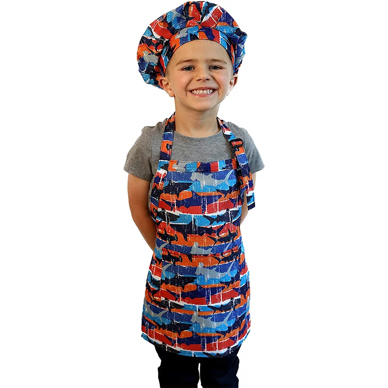 KEFEI Custom Full Print Cotton Kids Apron Hat Set for Kitchen Chef Feeding Cleaning Children Aprons with