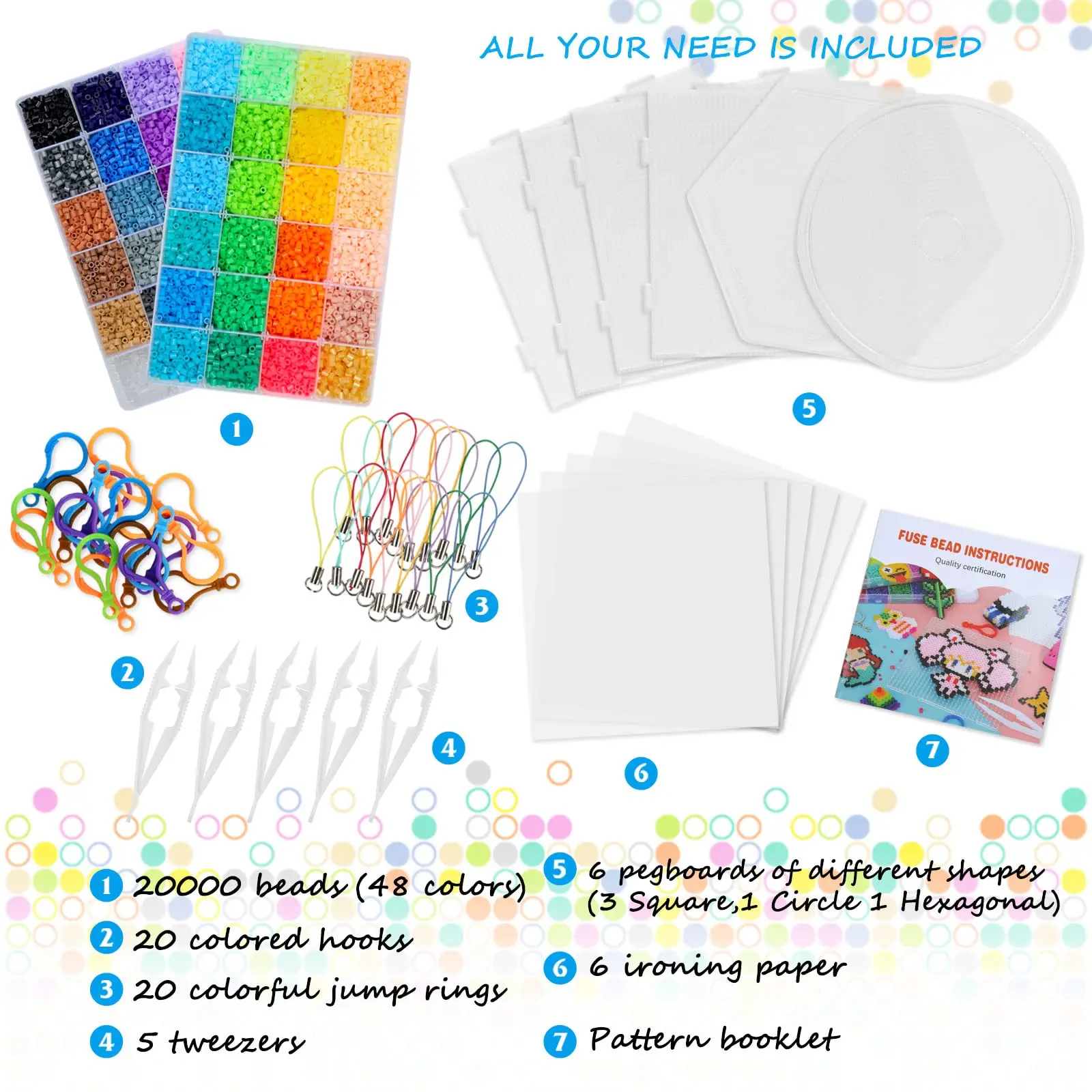 Fuse Beads Kit for Kids 48 Colors 5mm Iron-On Beads 6 Pegboard 5 Tweezers 20 Colorful Hooks for Crafts and DIY Projects