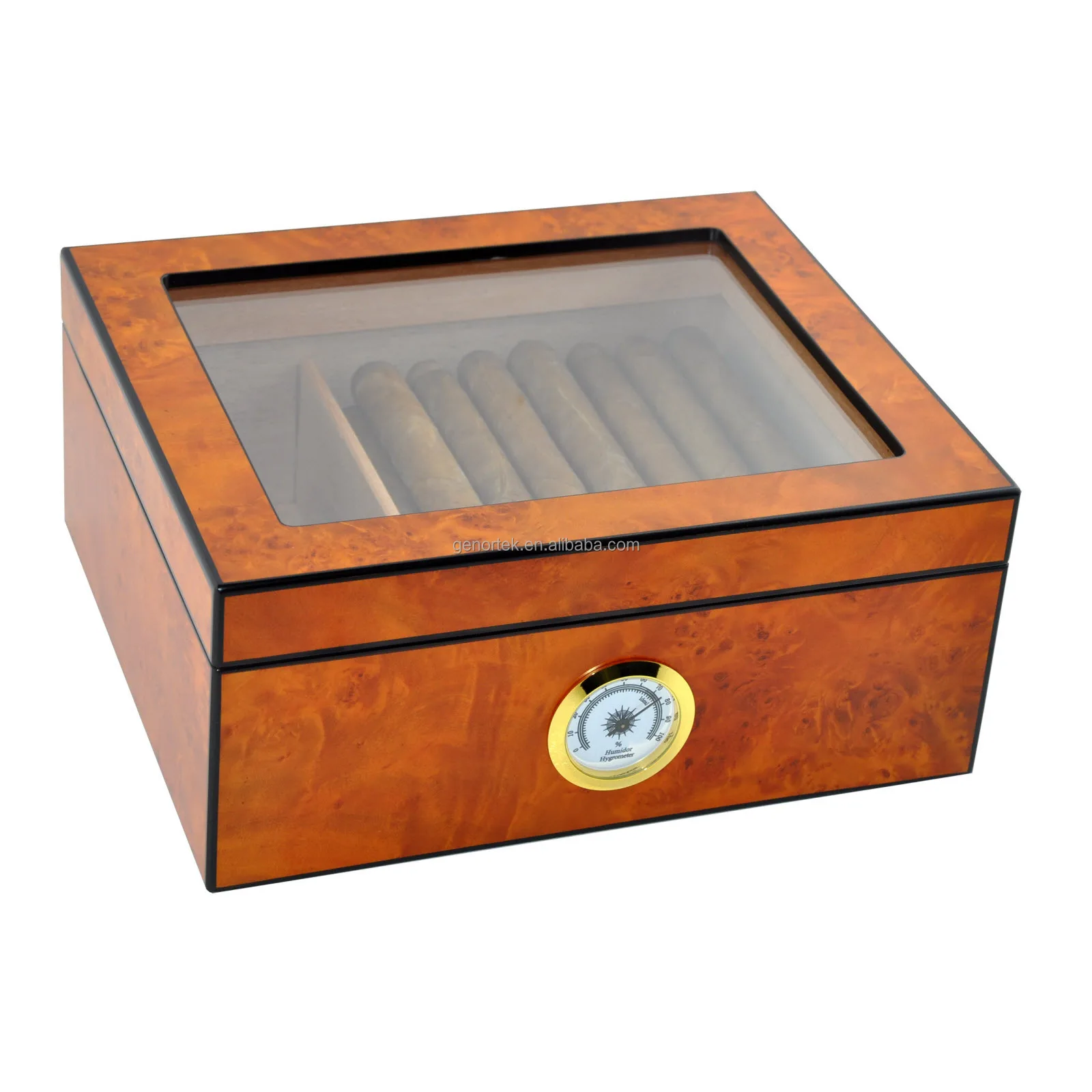 Wholesale Custom Portable Cedar Wood Cigar Case 25-50 Count Luxury Tempered  Glass Top  Wooden Cigar Humidor