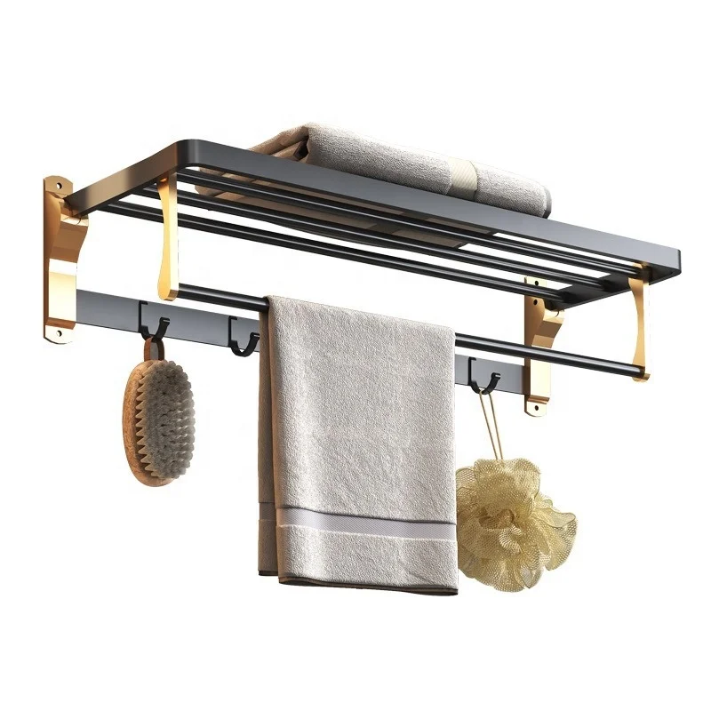 Wall-Mounted Shower Storage Rack Wall No Punching Black Gold Bathroom Rack Shelves Organizer