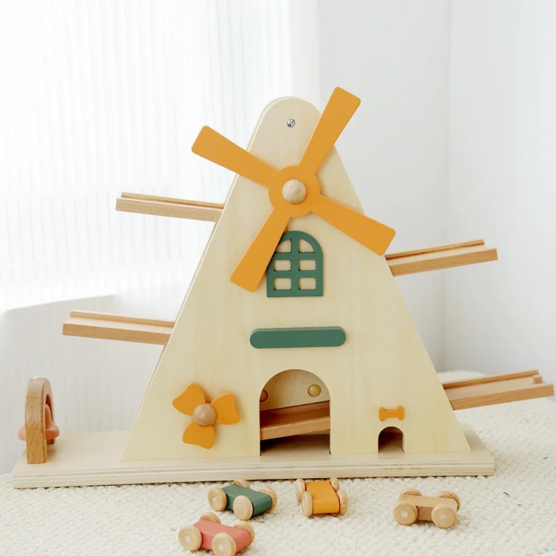 Unisex Scandinavian Style Wooden Windmill Gliding Track Kids Yo-Yo Car Toy Hand-Eye Coordination Visual Tracking Packaged Bag