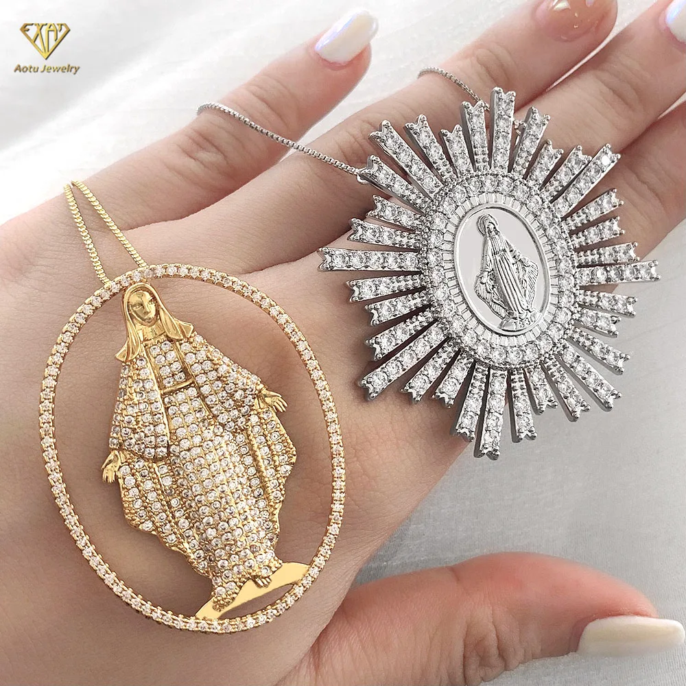 Religious jewelry stretch diamond Sunshine shape God of Mother Virgin Mary pendant necklace