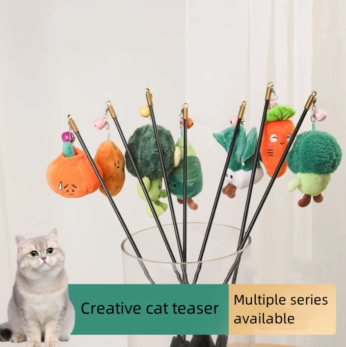 Funny Plush Vegetable Fruit Replacement Head Cat Teaser Toy Wooden Handle Foam Handle Cat Teaser Stick