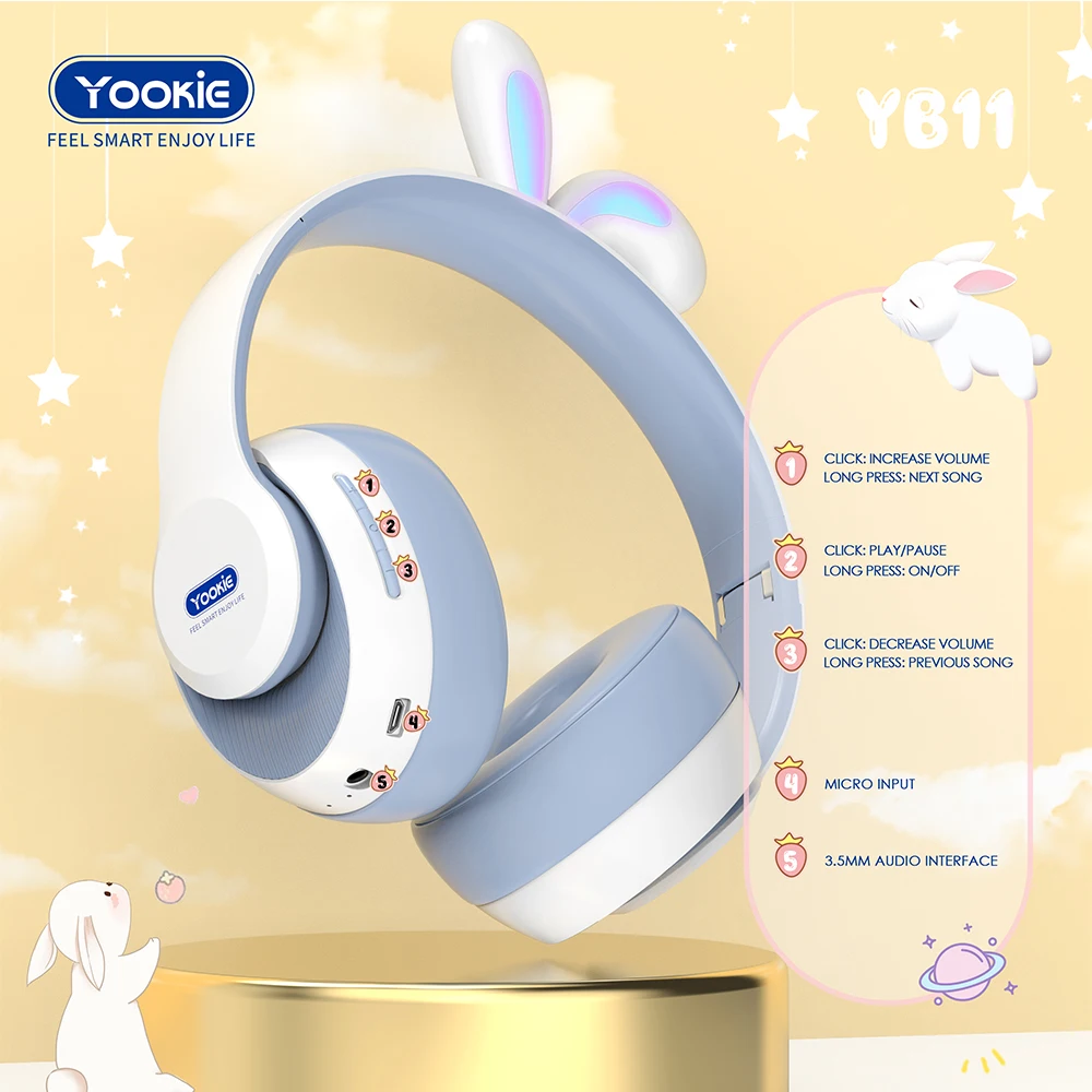 YB11 Led Colour Changing Kids Headset Macaron Over Head Children Headphone Rabbit Ear Shaped Bt Wireless Headphone