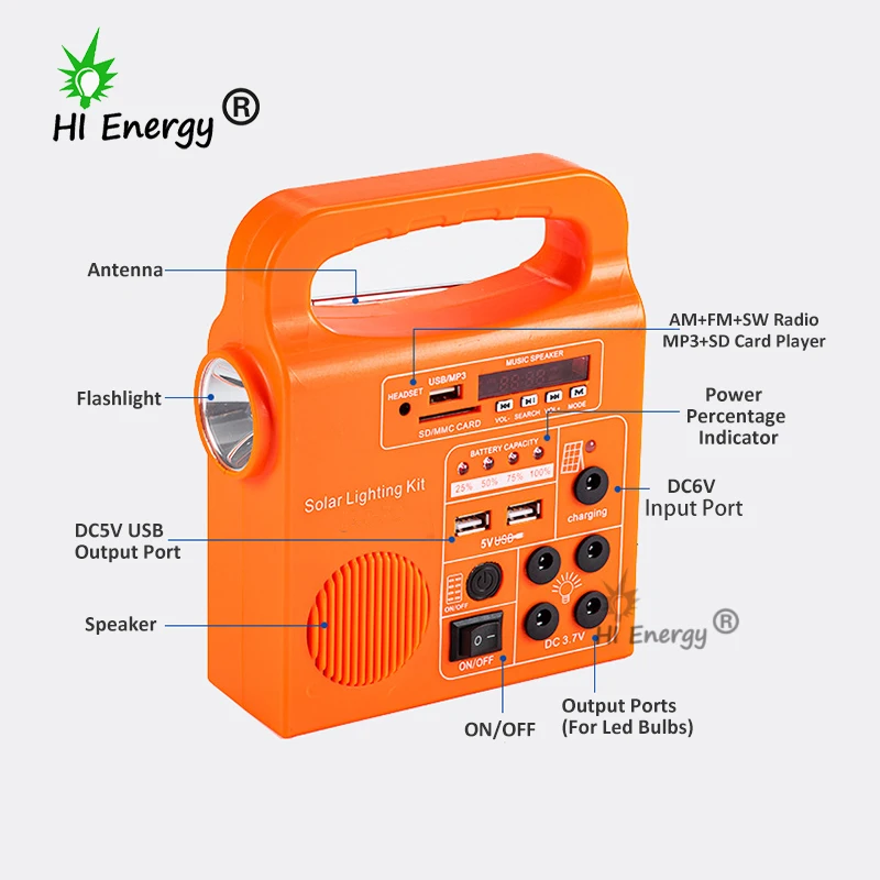 HiEnergy solar lighting kit portable solar panel light kit outdoor rechargeable solar powered radio fm am