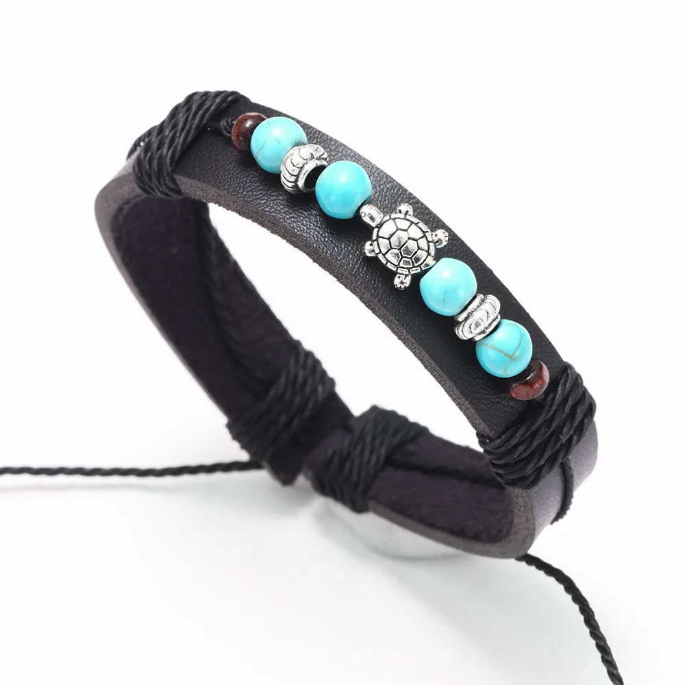 Hot sale leather jewelry vintage versatile cowhide drawstring bracelet wooden beads small turtle turtle accessories