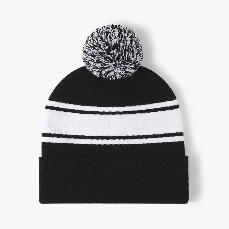 Ready to ship team sport acrylic cuff striped pom pom beanies with custom logo