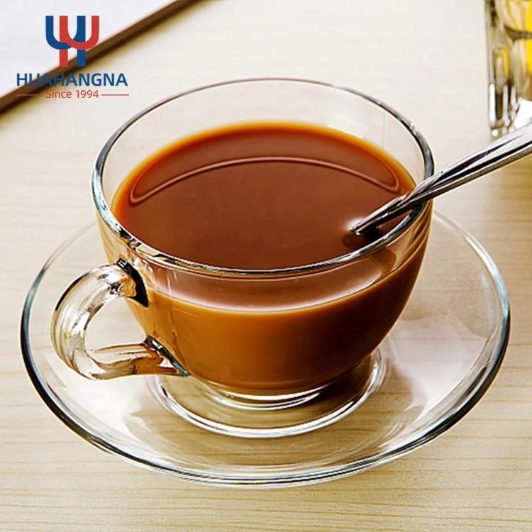 210ml 7oz Premium Customized Logo Lightweight Durable Clear Glass Tea Cups and Saucers Sets of 6 for Hot Latte Beverages