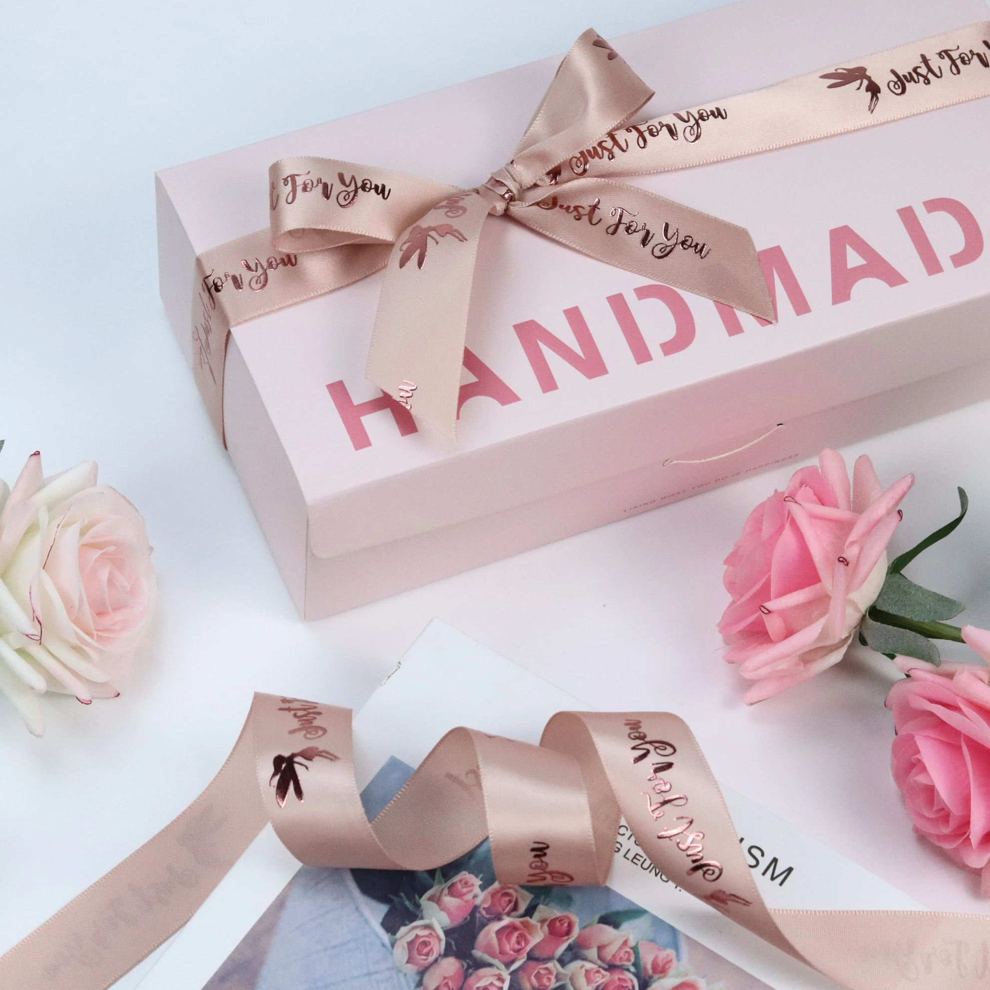 Factory Custom Rose Gold Print ribbon with logo Business Name 1 Inch Polyester Dusky Pink Satin Ribbon