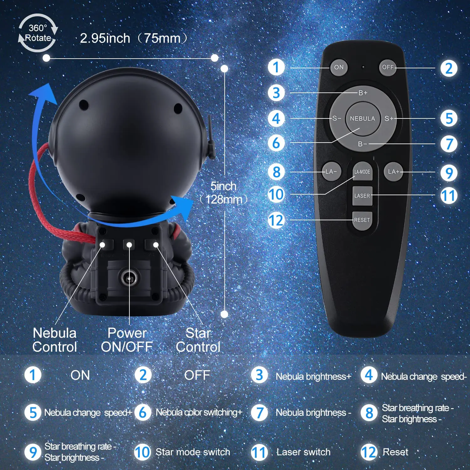 KSWIN Black Sitting Astronaut Projector Ocean Wave Star Light galaxy projector Baby led Astronaut Lamp Starry Night Light