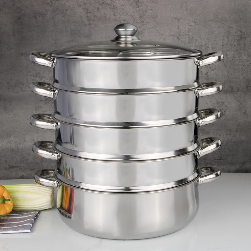 Durable Commercial Dumpling 5 Tier Steamer with Glass Lid For Home Office Steam Cooking Easy Cleaning