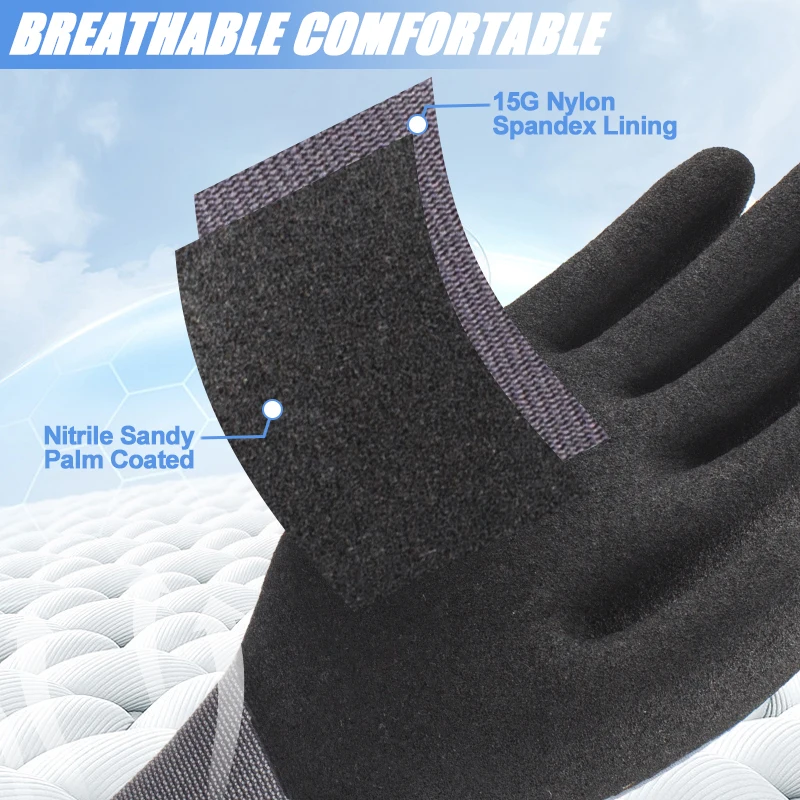LQS Wholesales Anti Slip Flex 15G Nylon Spandex Gloves Sandy Nitrile Work Safety Gloves for Construction
