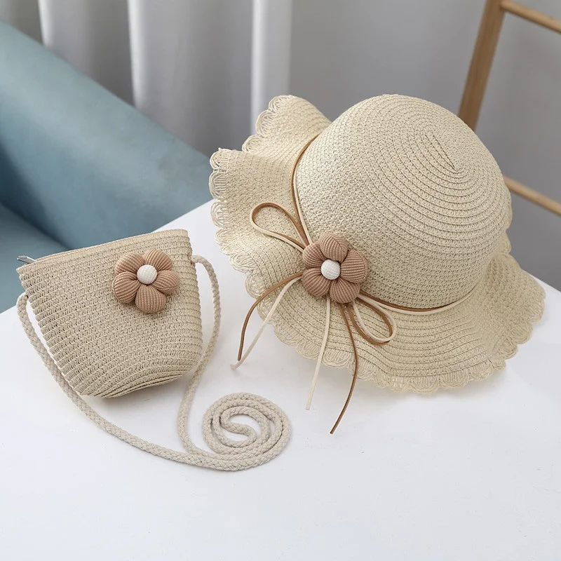 2024 Vintage Summer Straw Bag and Sun Bucket Hat Set for Kids Polyester Lining Open Closure Beach Usage