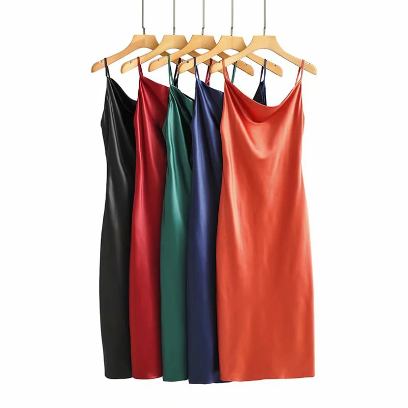 Custom Fancy Satin Dress Pure Color Long Skirt Party Style Dress with Shoulder Straps