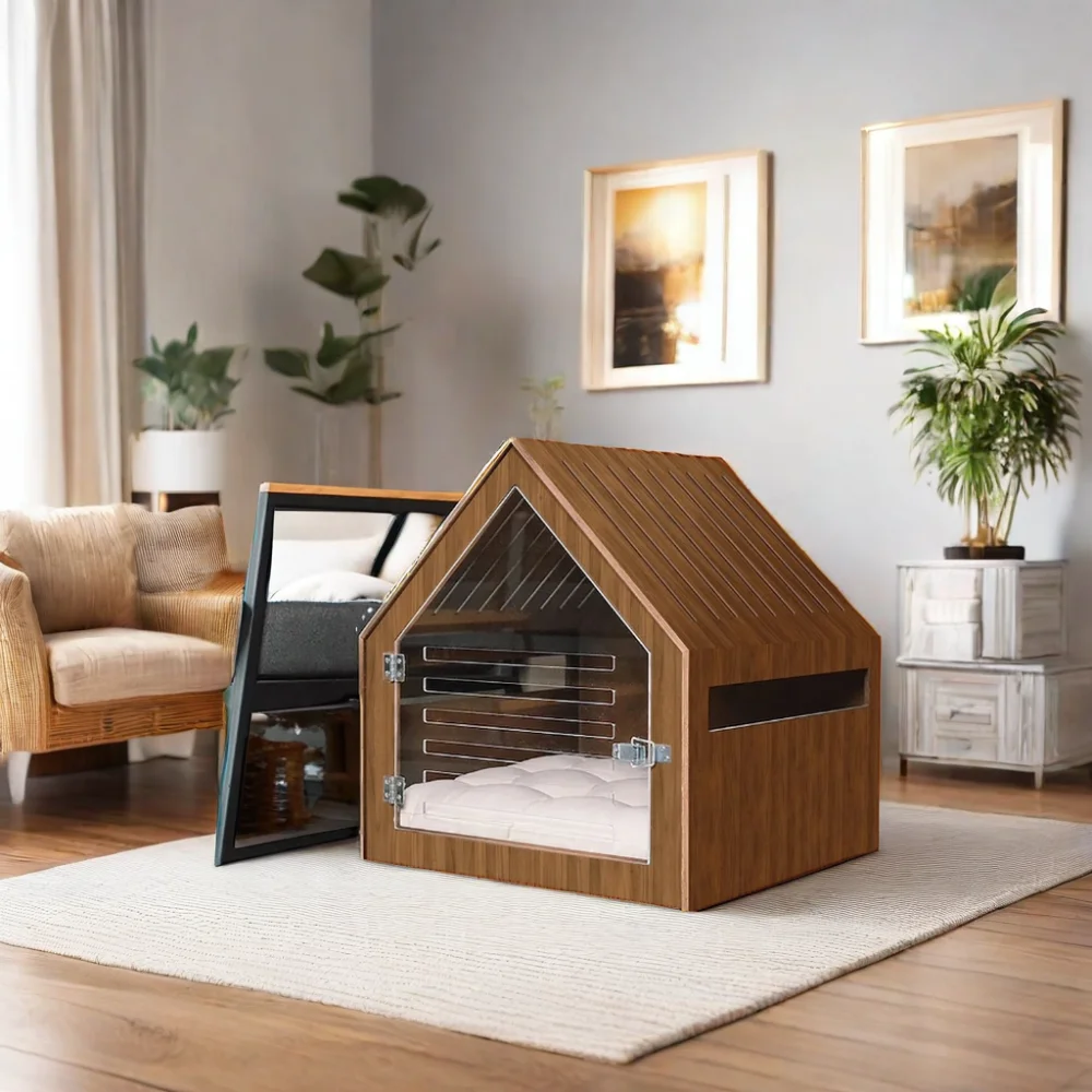 Cat Scratcher House With Acrylic Door Stained Wood Dog Furniture Houses Large Washable Luxury Cat Bed Pet Dog Bed