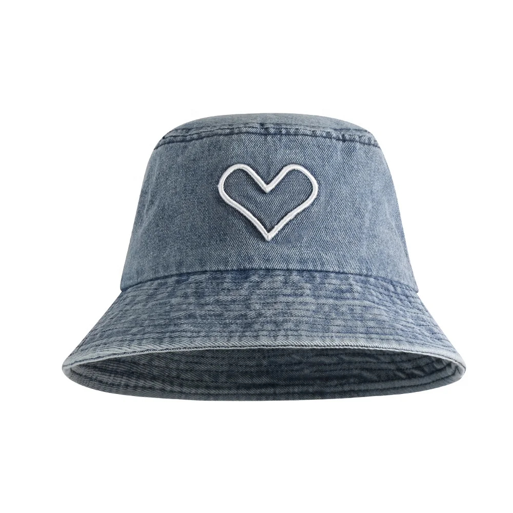 Wholesale Custom Unisex Fashion Washed Denim Cotton UV Protection Summer Travel Sun Hat Heart Embroidery Bucket Hat For Women