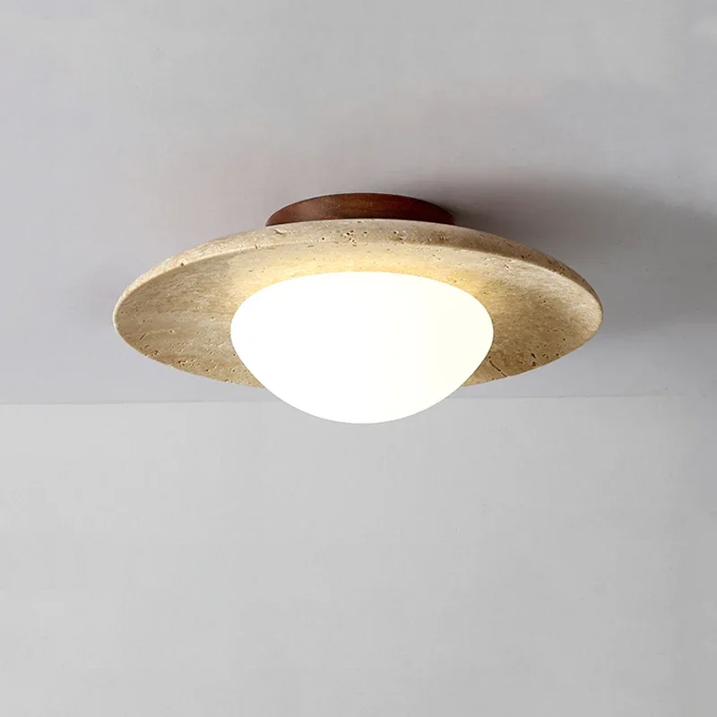 Wabi Sabi Yellow Travertine Ceiling Light Disc Shape Home Decor Porch Corridor Balcony Lamp Hotel Homestay Stone Illumination