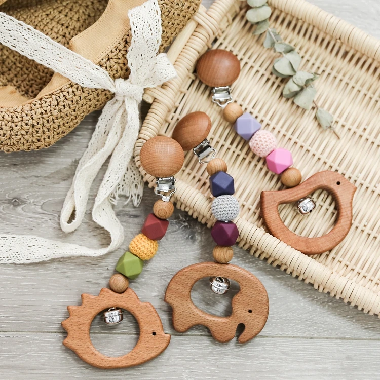 
Natural Wooden Crochet Beads Teething Toy Pacifier Clip Dummy Holder Soother Strap Teether With Beech Animals 