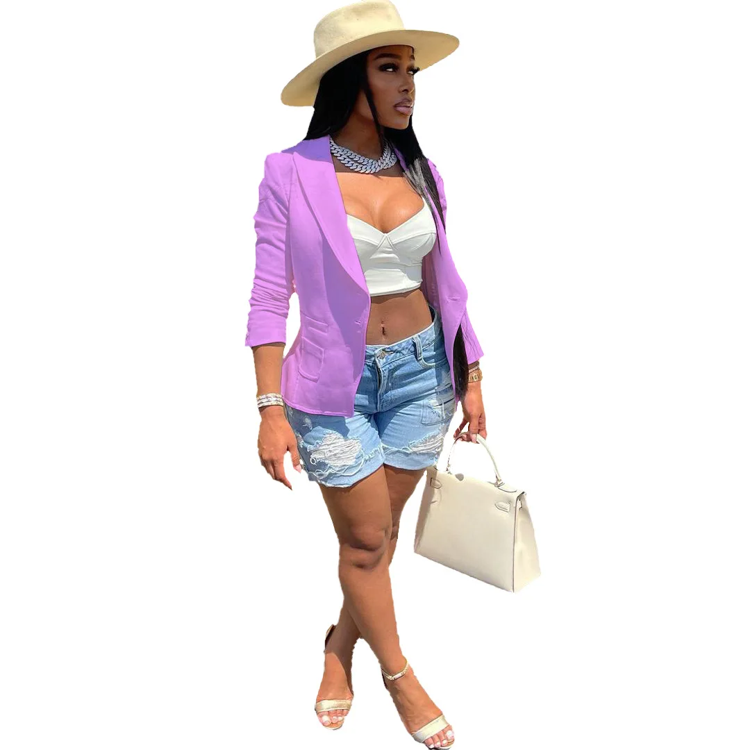 Elegant Solid Color Pockets Button Blazer Office for Women Ladies Blazers and