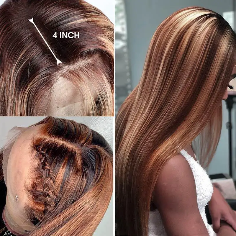 Highlight Straight Lace Front Wig P4/27 Honey Blonde Brown Pre Plucked Brazilian Remy Lace Frontal Human Hair Wigs For Women