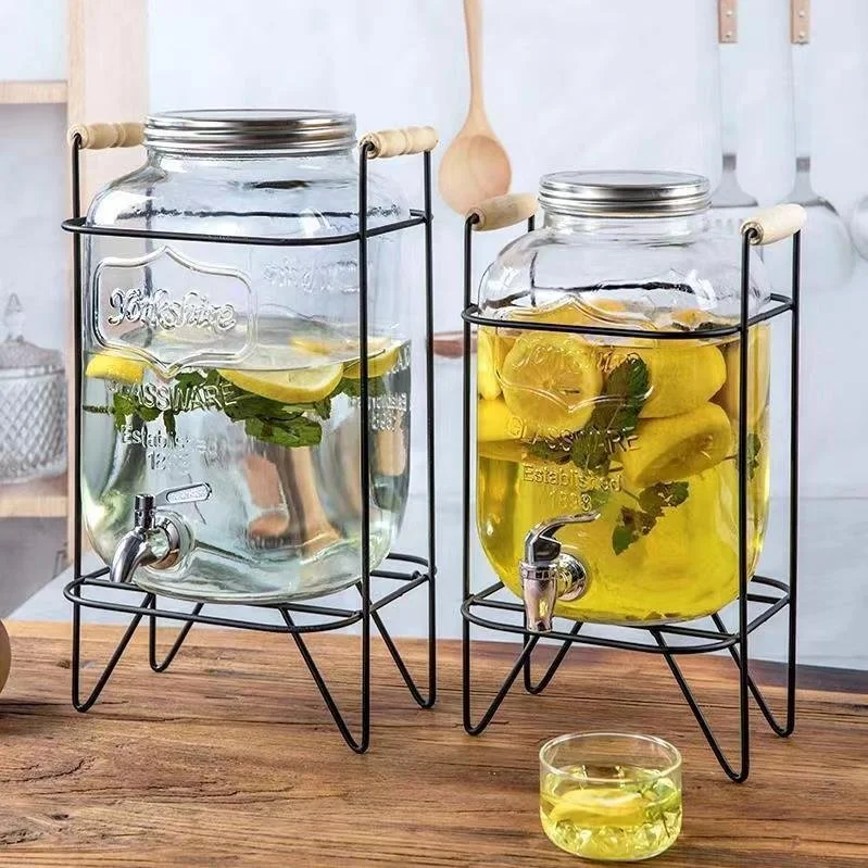 Transparent Glass Cola Barrel Container Cold Drink Juice Barrel Wine Barrel with Faucet Bubble Wine Bottle Jar