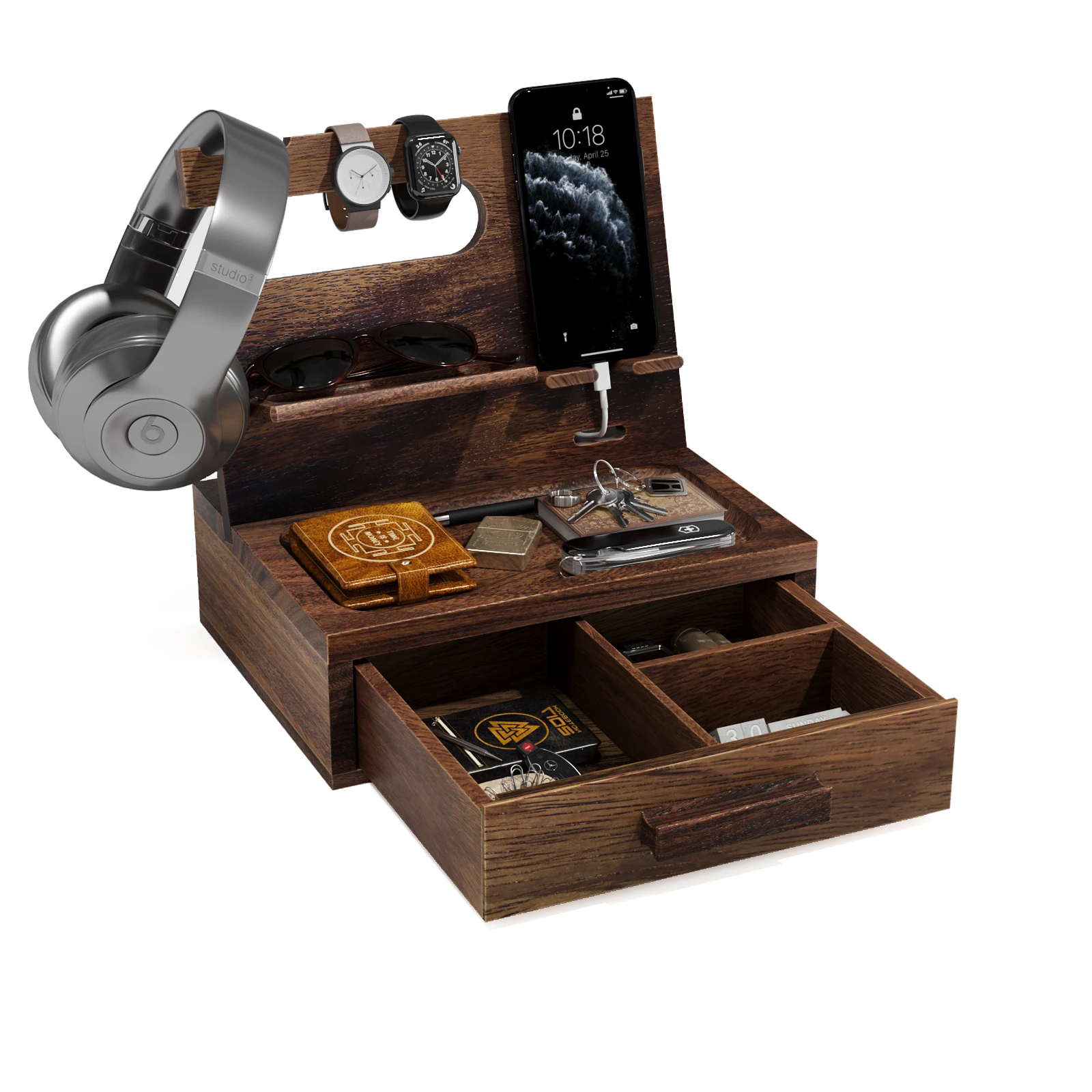 Wood Phone Docking Station, Birthday Gifts for Men, Nightstand Organizer Gifts for Dad, Key Holder Stand Watch Organize