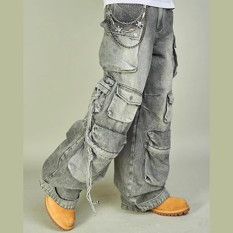 DIZNEW top selling products 2024 High quality Wide Multi pocket denim jeans men American heavy wash loose cargo jeans pants