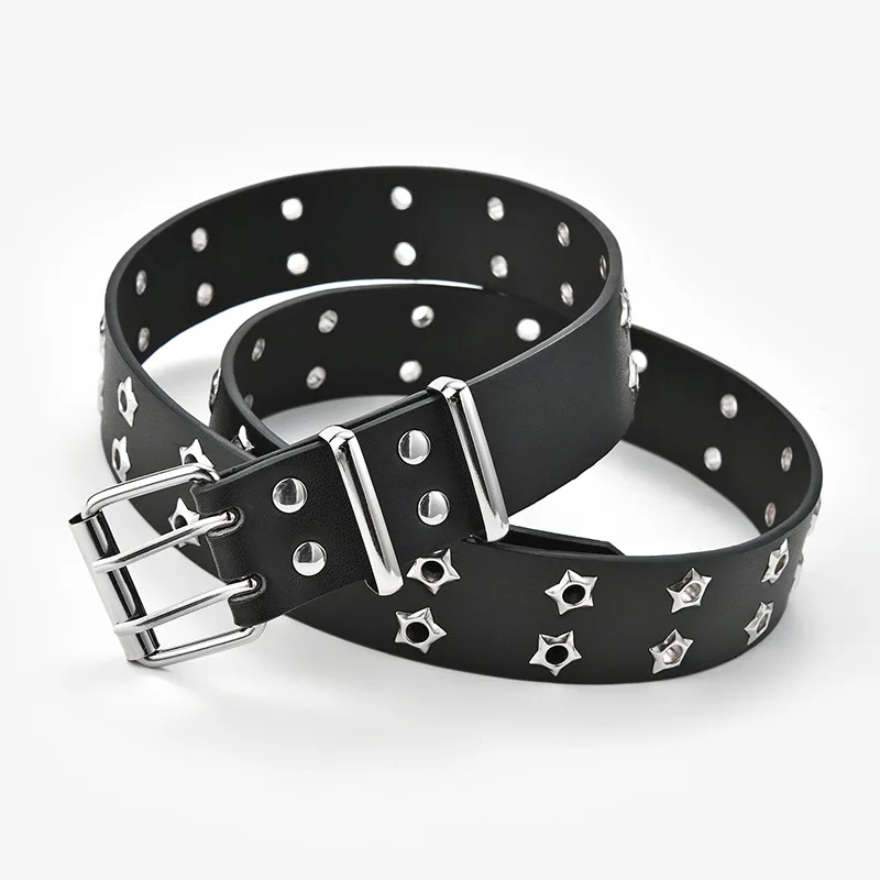 NEW Star Eye Rivet Belt Goth Style Double Pin Buckle Man/woman Fashion Casual Punk Style Pu Leather Waistband for Jeans Young