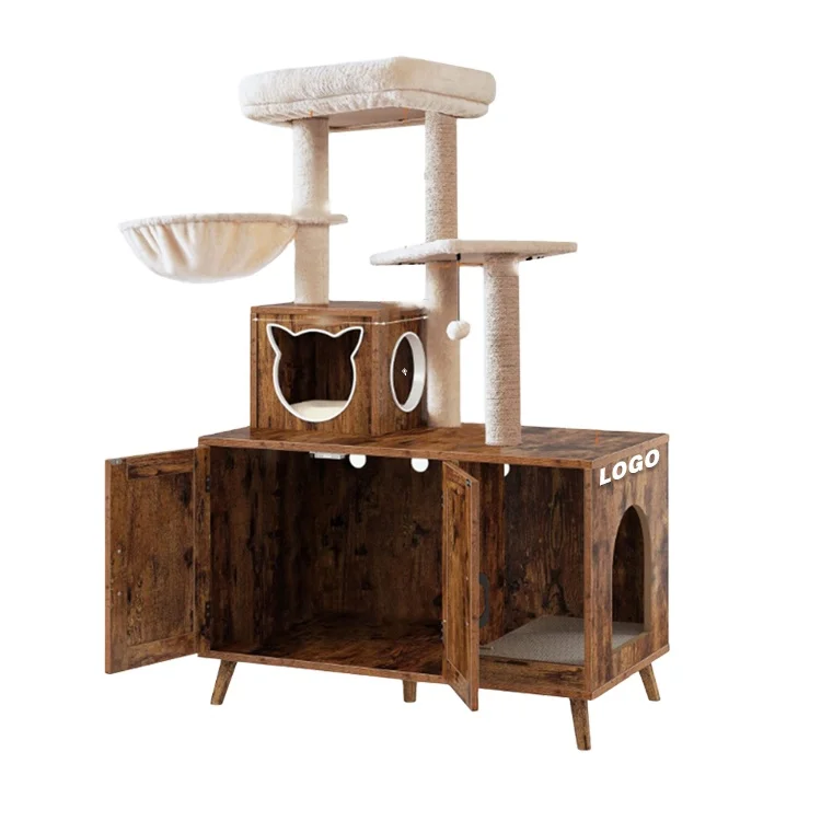 Brown Cat Litter Box Enclosure Double Level Cat Tree With Scratching Posts Indoor Cat Litter Cabinet Washroom