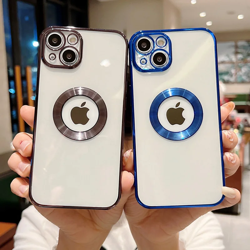 Роскошный прозрачный мягкий чехол с отверстием для логотипа для iPhone 14 13 12 11 Pro Max X XS 8 Plus Защитная стеклянная крышка для объектива камеры