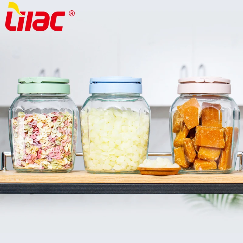 Lilac BSCI SGS LFGB 1.2 liter 2 liter glass container wholesalers airtight storage glass jar with lid