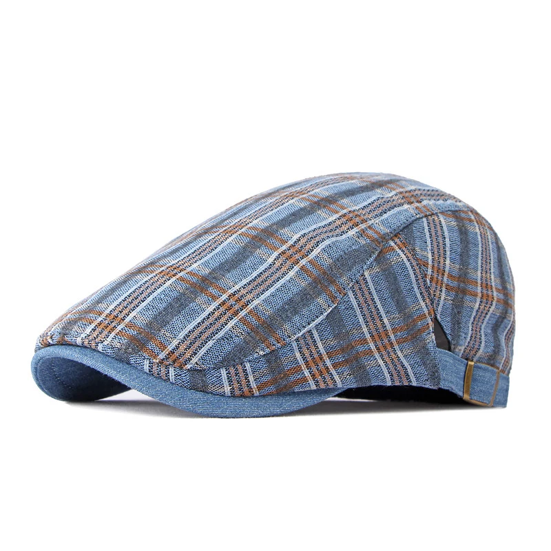 Classic Vintage Unisex Cotton Checked Newsboy Hat Ivy Gatsby Hats with Adjustable Metal Band Blue