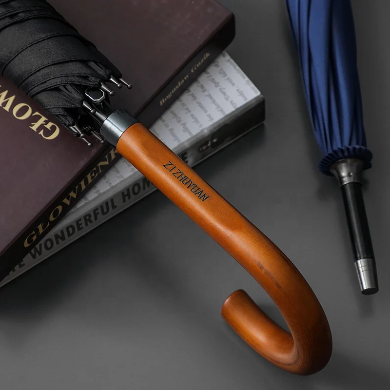 C Shape Wooden Handle Umbrella With Logo Cheap Business Gift Hot Selling Storm Resistant Umbrella With Logo