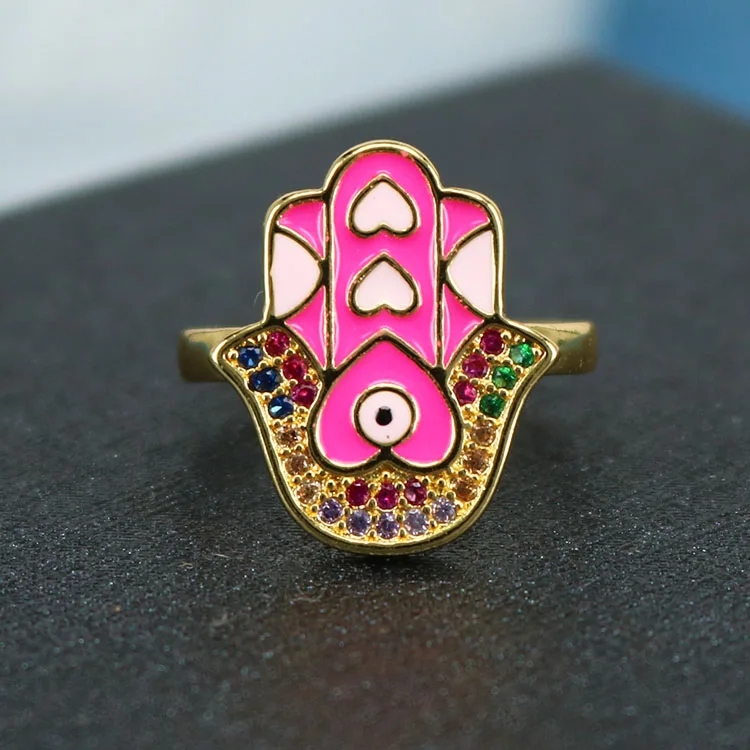 Popular Chic Rainbow Enameled Evil Eyes Hamsa Hand CZ Micro Pave Finger Rings for women