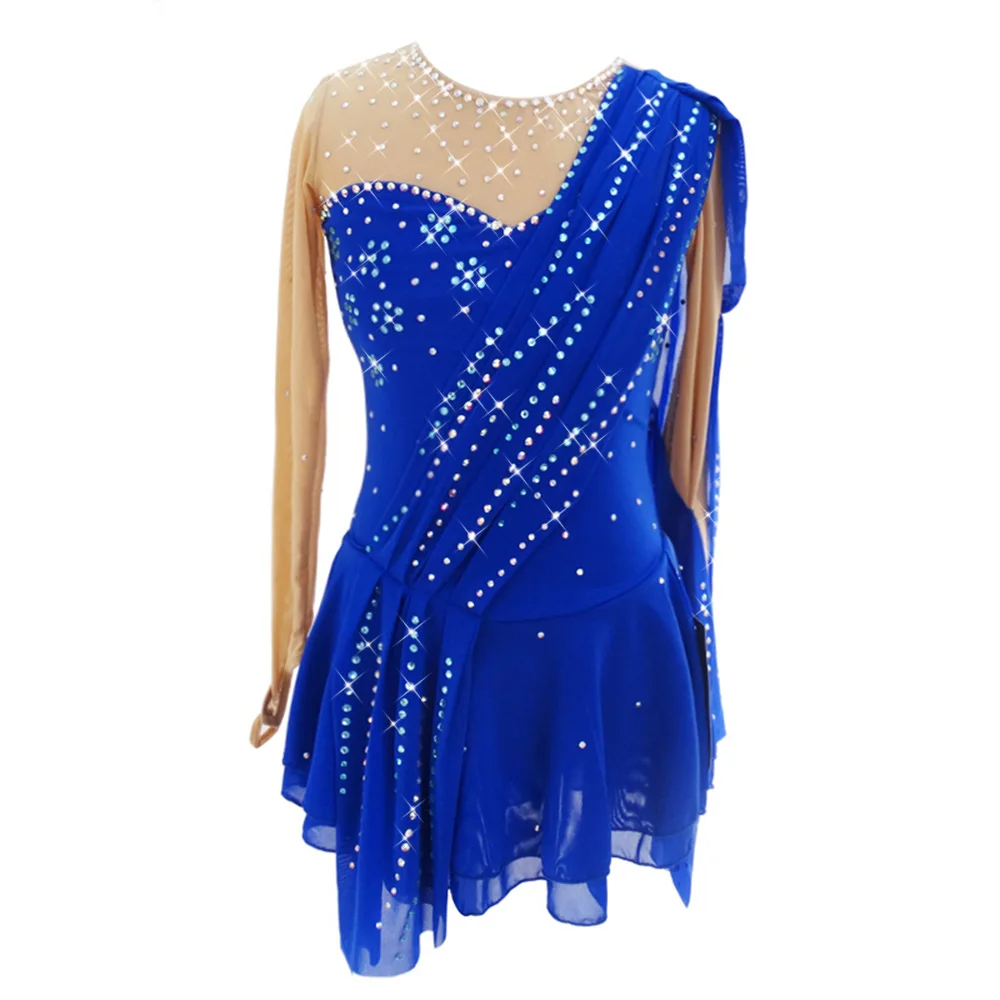 Wholesale Ice Skating Dress Girls Blue Stitching Long Sleeves Figure Skating Dress