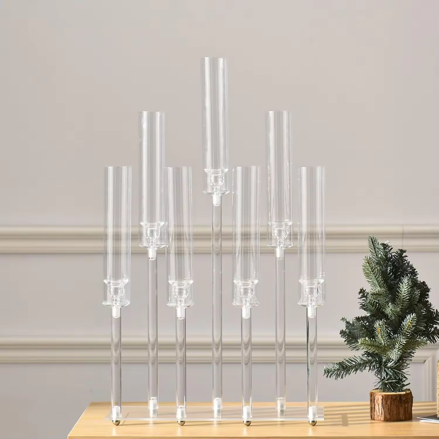 Clear 9 Arms Acrylic LED Candle Holder Candelabra Centerpiece Candle Holder Pillar Taper Candlesticks with Acrylic shade