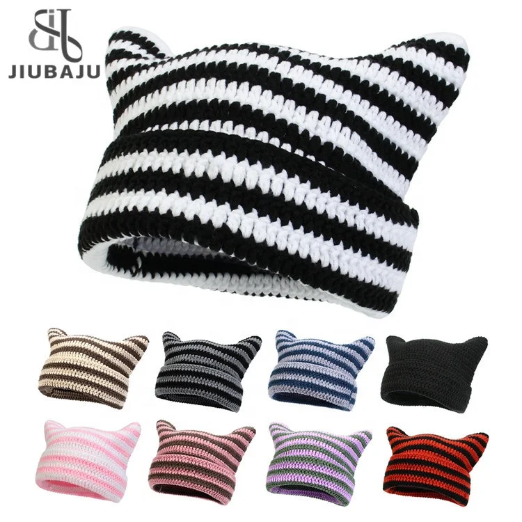 New Japanese Streetwear Harajuku Beanie Little Devil Striped Knitted Hat Women Autumn Winter Cute Cat Ears Cap