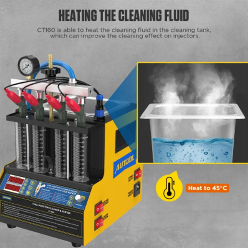 AUTOOL CT160 Car Fuel Injector Heating Cleaning & Tester Machine Ultrasonic Cleaner Gasoline Fuel Injector 4-Cylinders 110V 220V