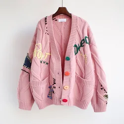 Custom Logo Retro Plus Size Embroidery Cardigan Knitted Sweater Ladies Jacquard Sweaters Women Cardigan With Pockets