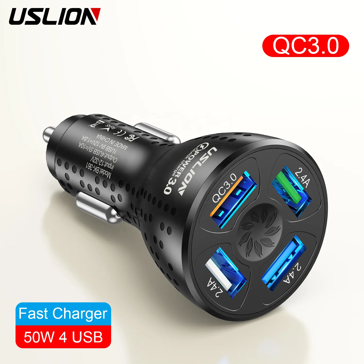 USLION 50W 4 Ports USB Car Charger QC3.0 Mini Fast Charging For iPhone 13 12 11 Huawei Phone Charger Adapter in Car Accessories