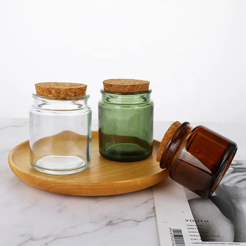 Empty Heat-Resistant Glass Candle Vessel Container 8oz 200Ml Amber Green Clear Jar with Cork Lid for Christmas Decorations