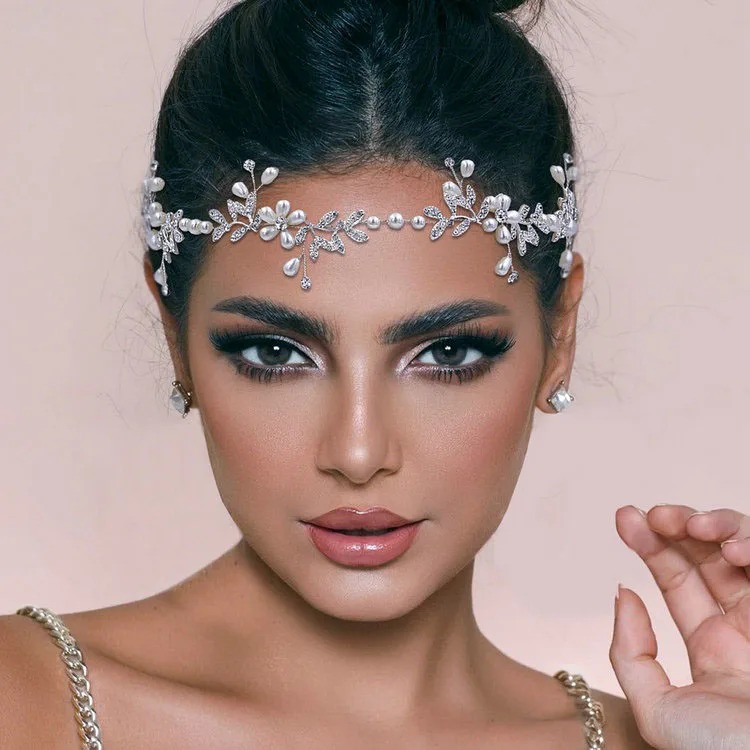 Wholesale Handmade Hair Accessories Alloy Leaf Pearl Wedding Tiara Headdress Party Hair Vine Bridal Organza Ribbon Hair Band