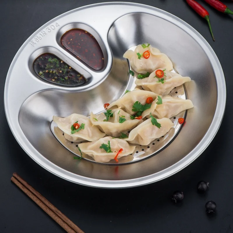 Dumpling Dish With Vinegar Dish Round Divided Dinner Tray 3 Sections Dinner Plates Stainless Steel Divided Plates