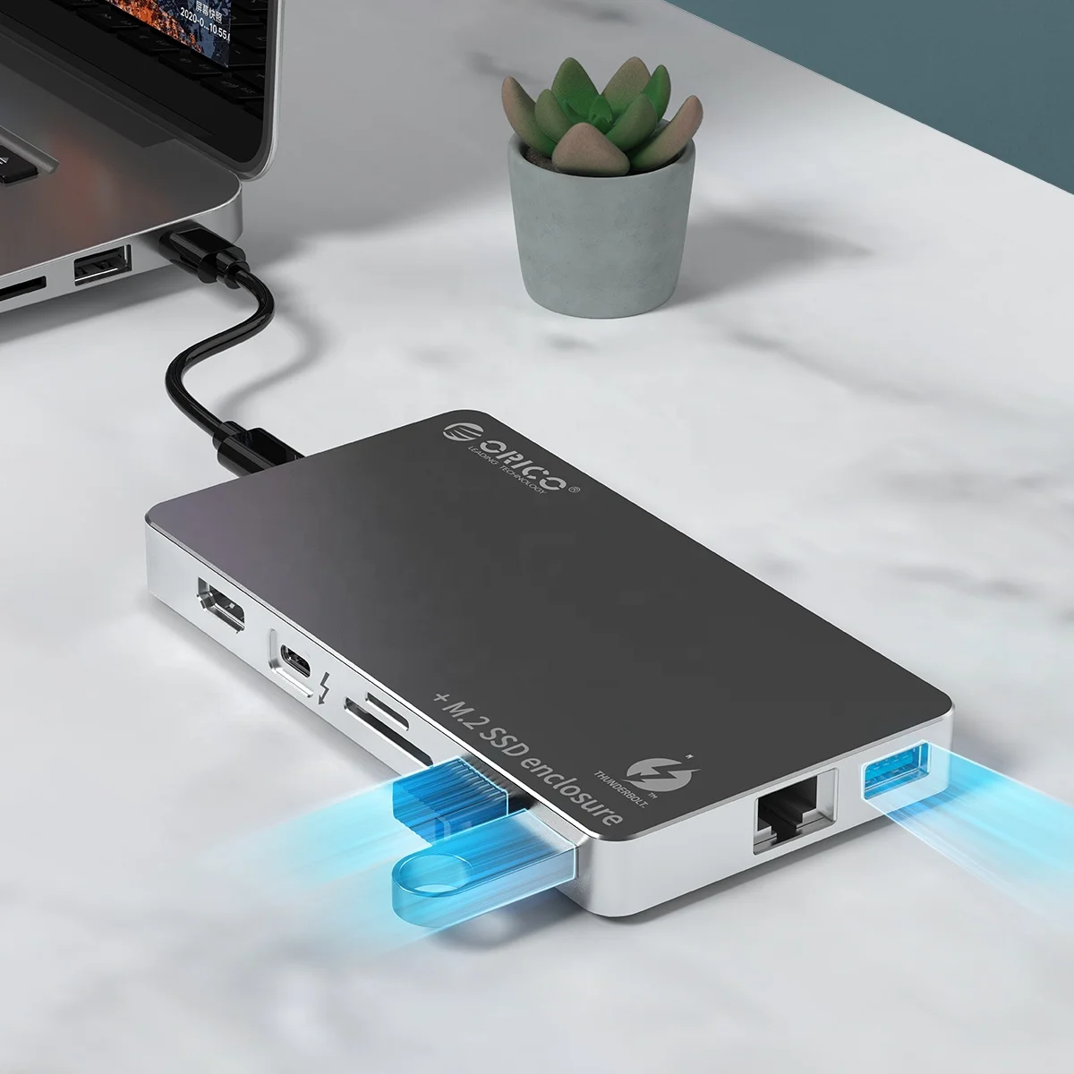 OEM ODM Support 9 In 1 Multi Port H D M I TF/SD Card 40Gpbs Dual Thunderbolt 3 Adapter NVMe SSD Enclosure Docking HUB OTB-01