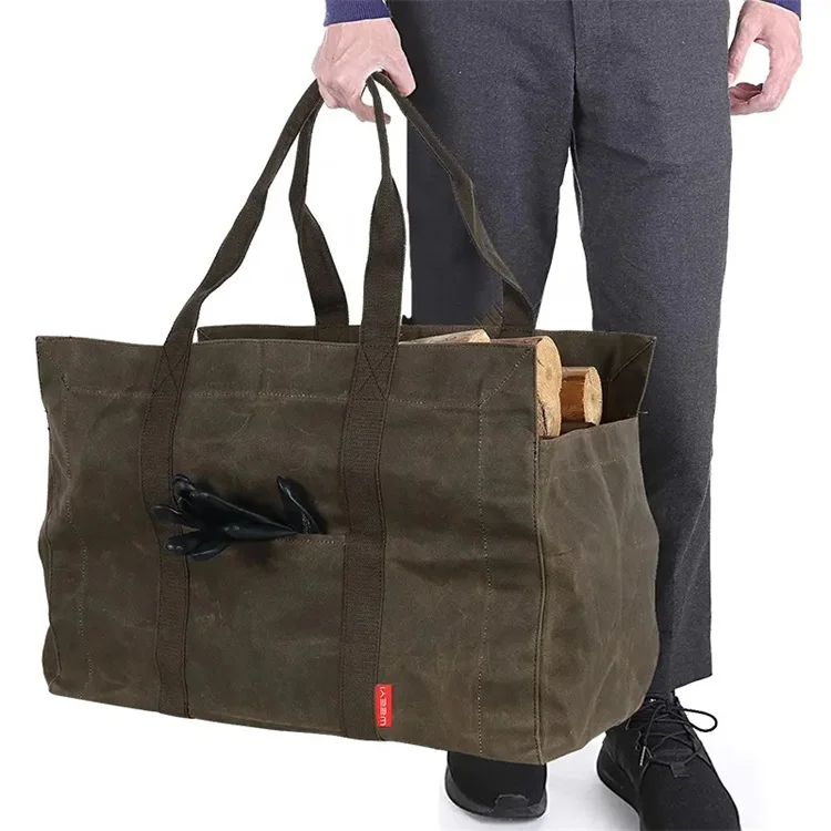 Large Capacity Waterproof Tote Firewood Carrier with Handles Canvas Heavy Duty Fireplace Log Carrier Outdoor Camping