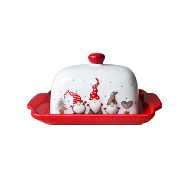 christmas decal ceramic porcelain white butter dish plate with lid