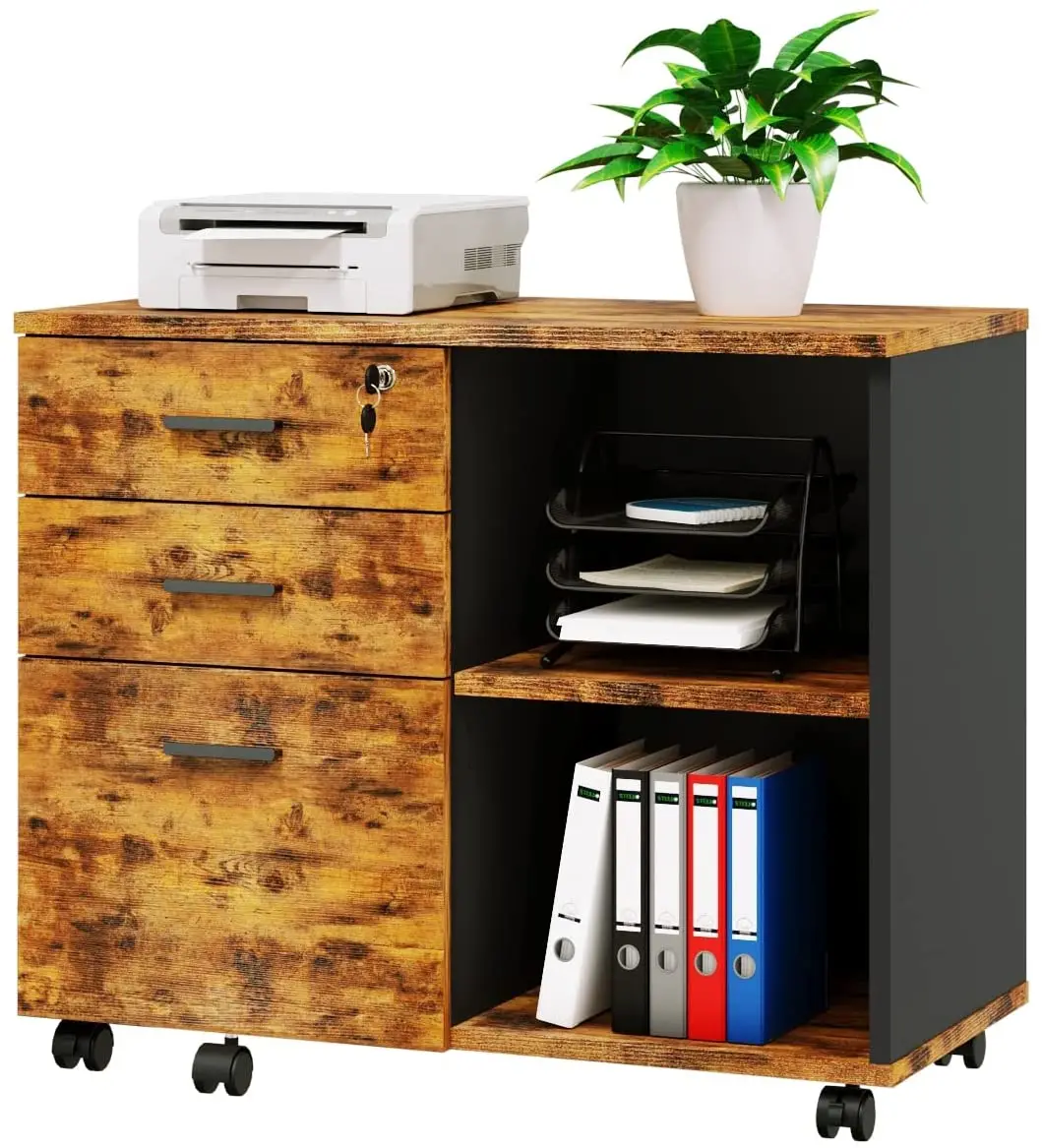 Wood File Cabinet, 3 Drawer Mobile Lateral Filing Cabinet On Wheels, Printer Stand with Open Storage Shelves for Home Office