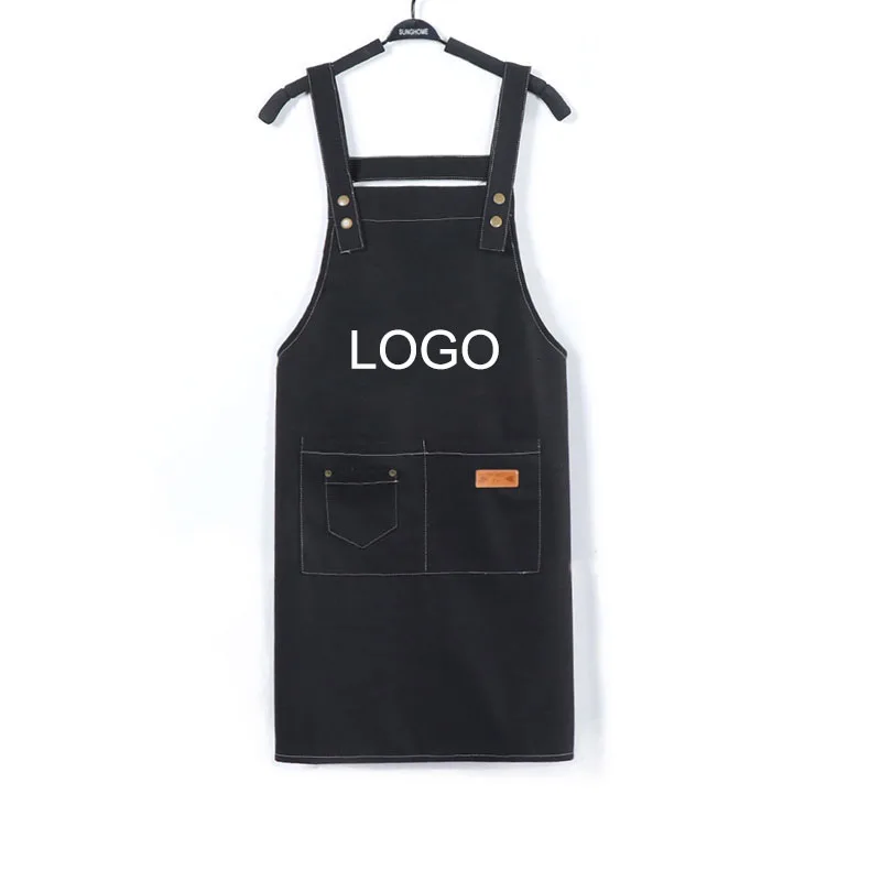 Custom Logo Black Polyester Cotton Canvas 2 Pockets Waterproof Chef Pretend Painting Arts Cooking Bib Nails Beauty Aprons