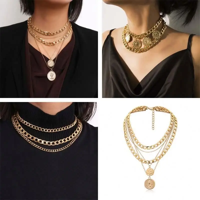 
Retro portrait coin multi - tassel necklace style mix geometric thick chain necklace women jewelry 