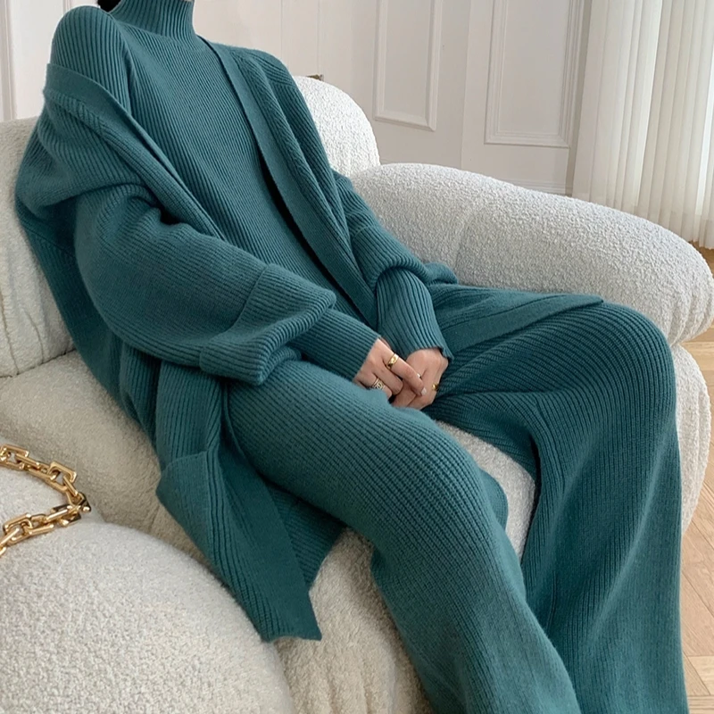 French Style  Half High Neck Pullover woolen Sweater sets Drape Cardigan  + Knitted Wide Leg Pants Jasper Khaki Three Piece Set